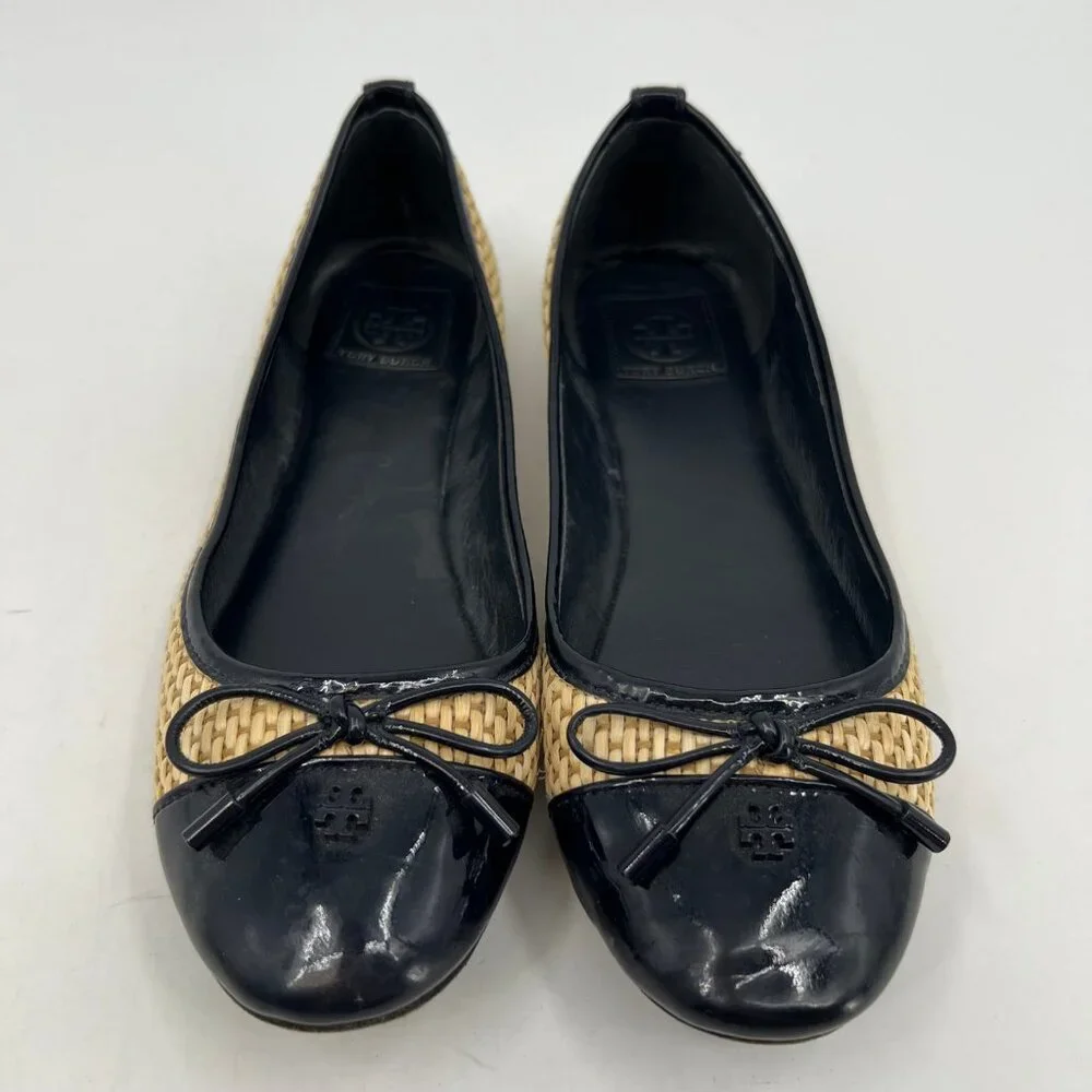 Tory Burch Tan Black Wicker Cap Toe Flats | Size 9 - Picture 6 of 7